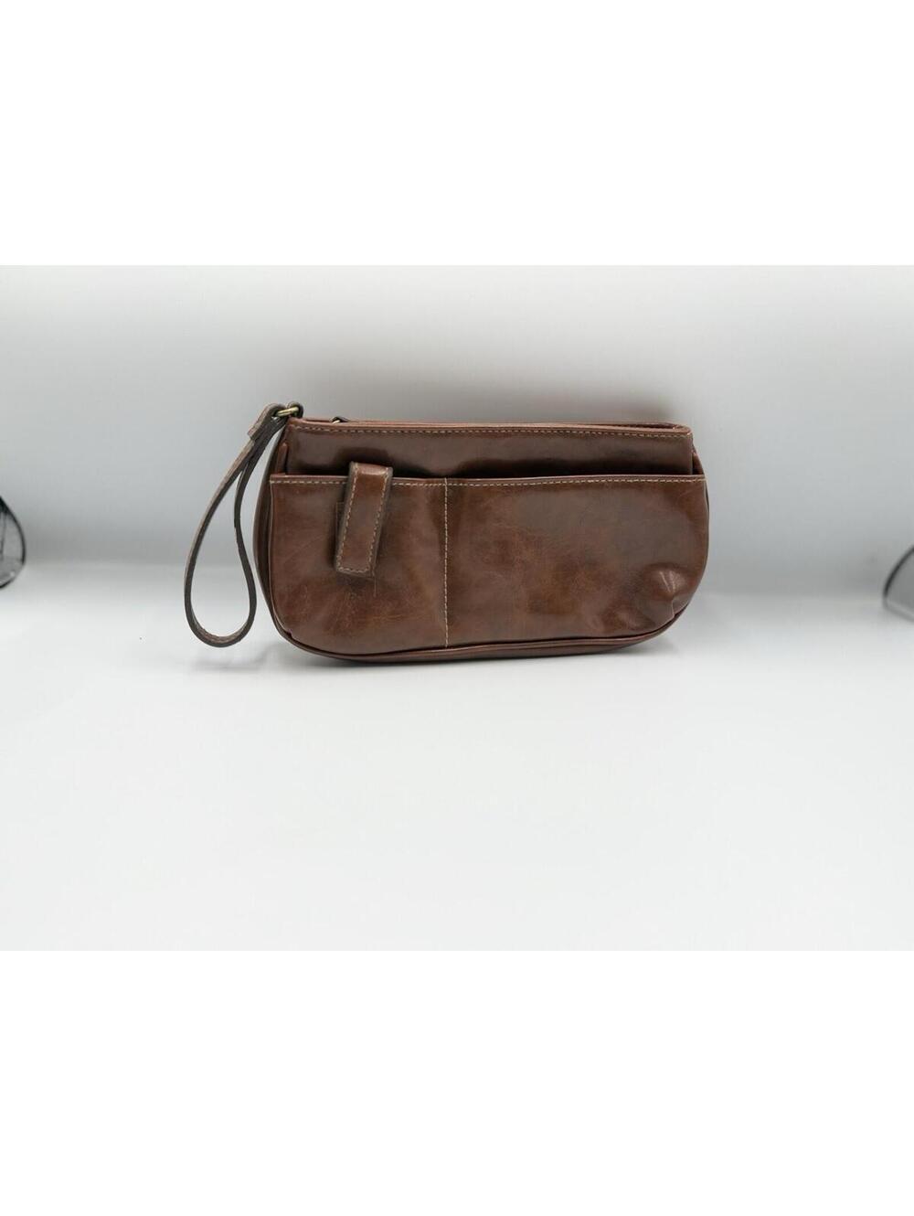 Brown Leather Wristlet Clutch Purse Minimalist Everyday Bag